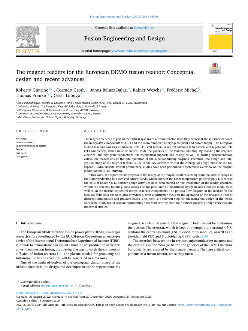 New paper: The magnet feeders for the European DEMO fusion reactor: Conceptual design and recent advances